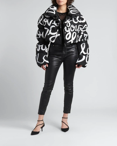 Shop Dolce & Gabbana Cropped Script-print Puffer Jacket W/ Detachable Sleeves In Black Prt