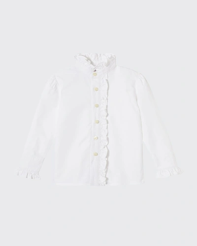 Shop Classic Prep Childrenswear Girl's Ginny Ruffle-front Blouse In Solid White Oxfor