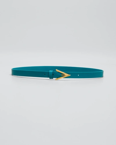 Shop Bottega Veneta Triangle Leather Skinny Belt In Mallard/gold