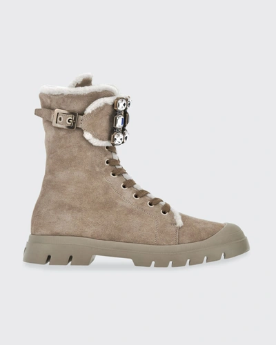 Shop Roger Vivier Suede Shearling Crystal-cuff Combat Boots In Beige