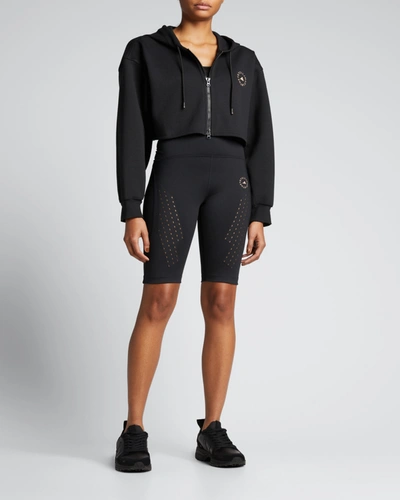 Shop Adidas By Stella Mccartney Cropped Logo Zip Hoodie In Black
