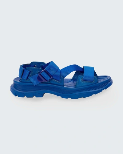 Shop Alexander Mcqueen Men's Strappy Leather Sport Sandals In Turquoise