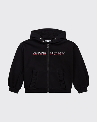 Shop Givenchy Girl's Ruffle-pocket Logo Zip Hoodie Jacket In 09b Black
