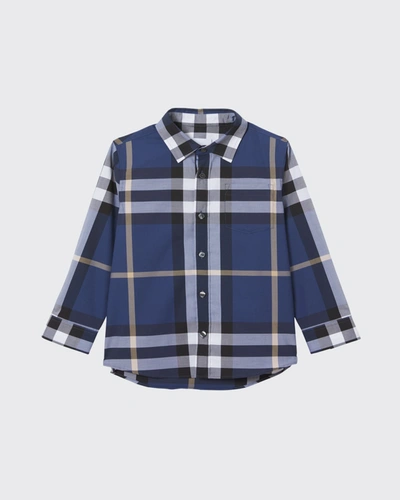 Shop Burberry Boy's Owen Vintage Check Button-down Shirt In Pebble Blue Ip Ch