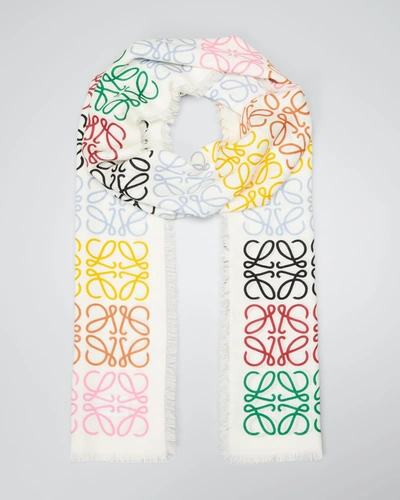 Shop Loewe Multicolor Anagram Lines Wool-blend Scarf In Multicolor White