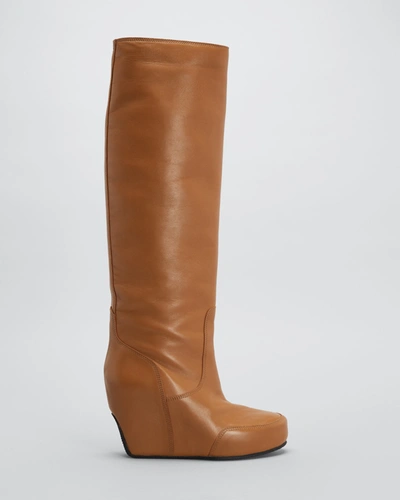 Shop Dries Van Noten 105mm Tall Leather Wedge Platform Boots In Camel
