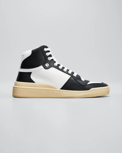 Shop Saint Laurent Sl24 Perforated Leather High-top Sneakers In Blanc Nero
