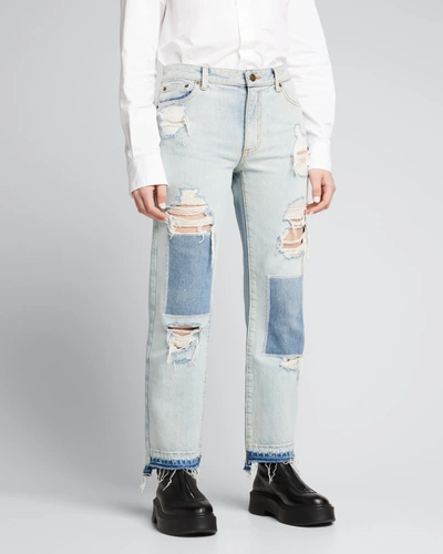 Shop Monse Distressed Denim Raw Hem Pants In Indigo