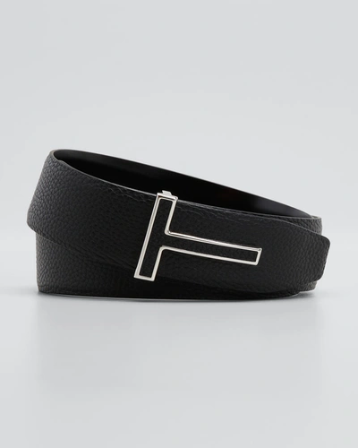 Shop Tom Ford Men's T-buckle Reversible Leather Belt In Black