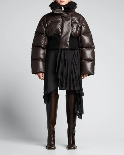 Shop Givenchy Cropped Leather Puffer Jacket In Dark Brown