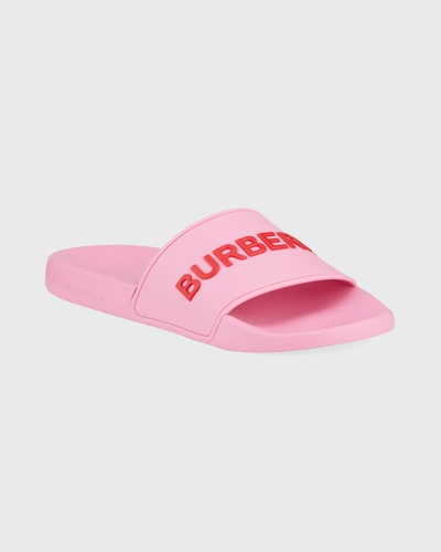 Shop Burberry Furley Logo Flat Slide Sandals In Bubble Gum Pink