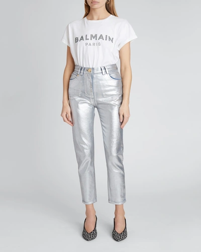 Shop Balmain Metallic Coated Skinny Jeans In Dark Silver