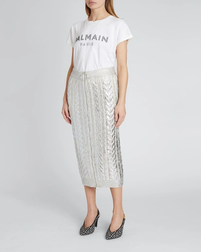 Shop Balmain Metallic Coated Zip Front Midi Skirt In Antique Silver Mu