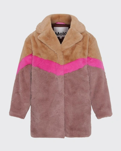 Shop Molo Girls' Haili Super Soft Faux Fur Jacket With Bright Pink Chevron Stripe In Block Deer
