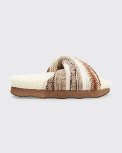 Shop Chloé Cashmere Knit Shearling Slide Sandals In Multi Brown