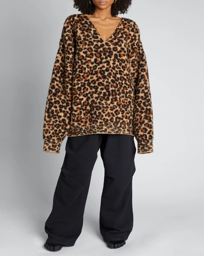 Shop Balenciaga Leopard V-neck Wool-blend Pullover In Beigemulti
