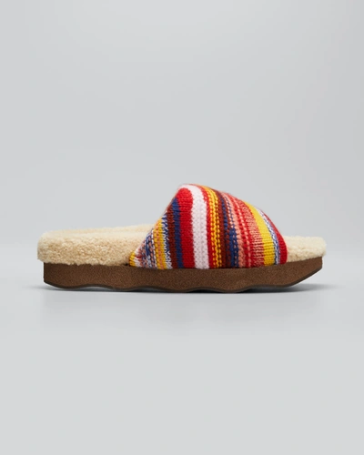 Shop Chloé Cashmere Knit Shearling Slide Sandals In Multi Red
