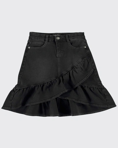 Shop Molo Girl's Belinda Ruffle Denim Skirt In Black Denim