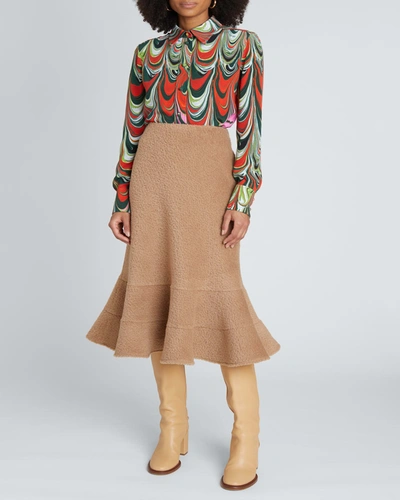 Shop Chloé Shearling Ruffle-hem Midi Skirt In Light Wood