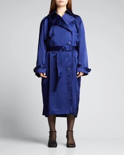 Shop Balenciaga Satin Double-breasted Belted Trench Coat In Marine
