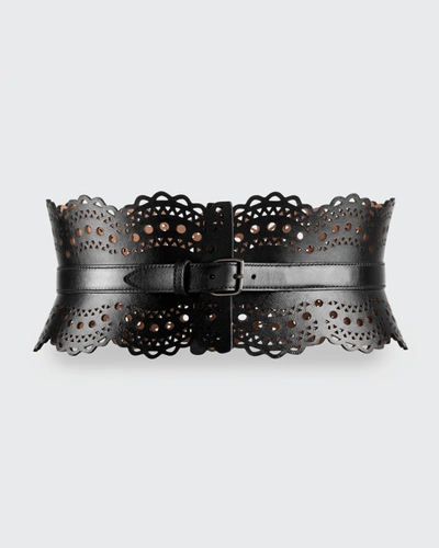 Shop Alaïa Openwork Wide Leather Vienne Corset Belt In Nuage