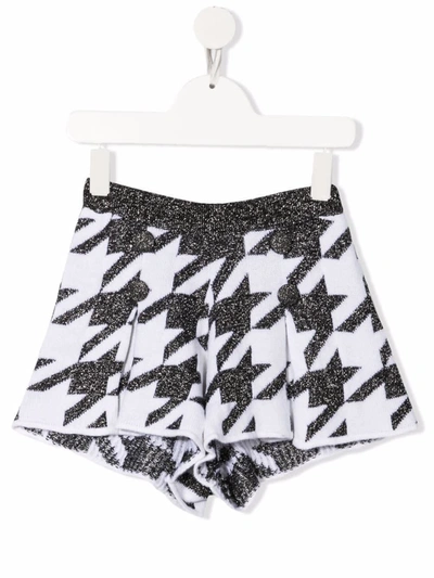 Shop Simonetta Kids Wool Shorts With Maxi Houndstooth Motif In Silver/white