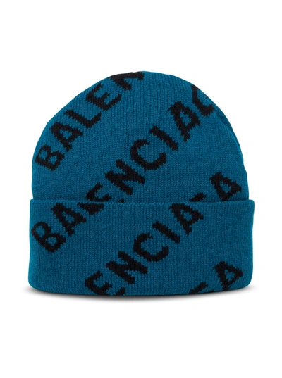 Shop Balenciaga Baenie Petrol-colored Wool Hat With Logo In Blu