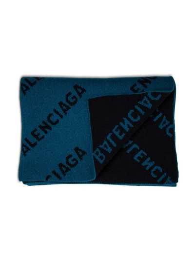 Shop Balenciaga Petrol-colored Organic Wool Scarf With Allover Logo In Blu