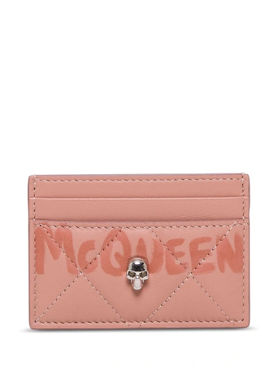 Shop Alexander Mcqueen Pink Leather Card Holder With Logo
