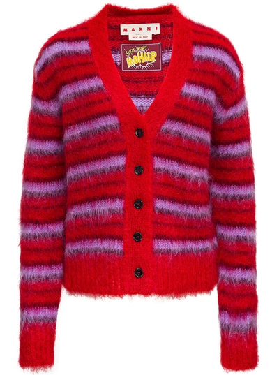 Shop Marni Striped Cardigan In Mohair Blend In Red