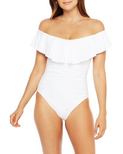 Shop La Blanca Off-shoulder Ruffle Lace-up One-piece Swimsuit In White