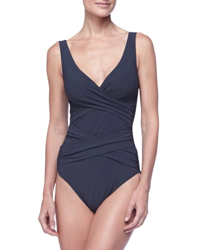 Shop Karla Colletto Criss-cross One-piece Swimsuit In Navy