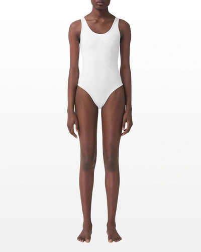 Shop Burberry Logo Graphic Stretch Nylon Swimsuit In White