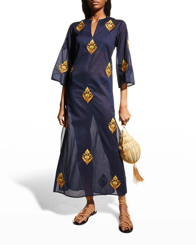Shop Tory Burch Embroidered Cotton Voile Coverup Caftan In Tory Navy