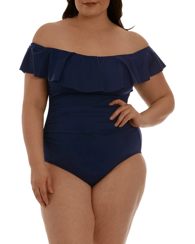 Shop La Blanca Plus Size Island Goddess Ruffle One-piece Swimsuit In Indigo
