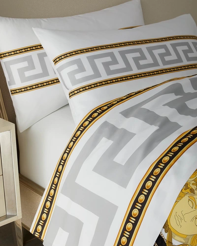 Shop Versace La Coupe Des Dieux King Sheet Set In Grey White Gold