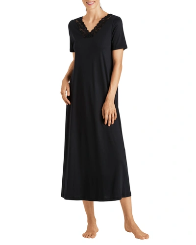 Shop Hanro Moments Short-sleeve Long Nightgown In Black