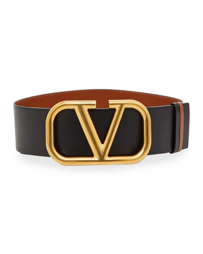 Shop Valentino Vlogo 70mm Wide Box Leather Belt In Smokey Brown/nero