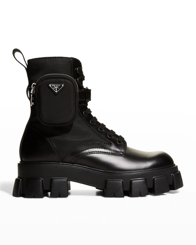 Shop Prada Men's Re-nylon & Leather Zip Pocket Combat Boots In Nero