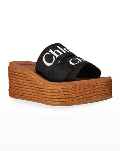 Shop Chloé Woody Logo Canvas Wedge Espadrilles In Black