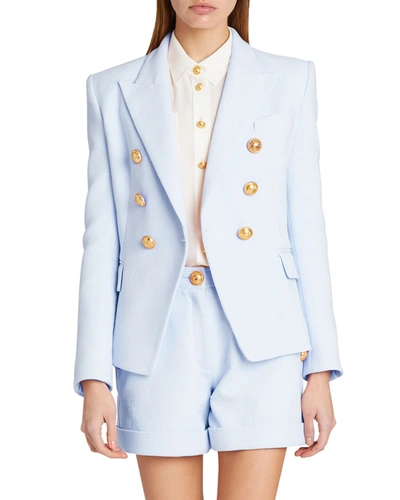 Shop Balmain 6-button Cotton-pique Blazer Jacket In Light Blue