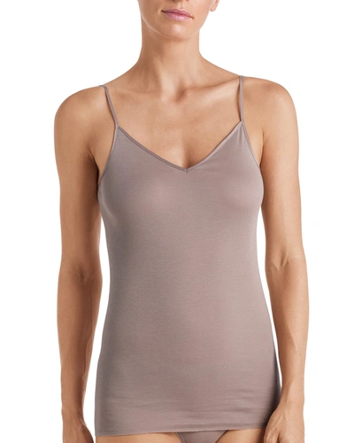 Shop Hanro Seamless Cotton V-neck Camisole In Cobblestone