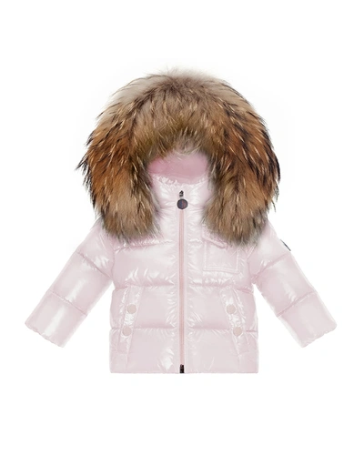 Shop Moncler Girl's Fur Hooded Quilted Jacket In Light Pink