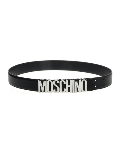 Shop Moschino Men's Leather Logo Belt In Black/silver