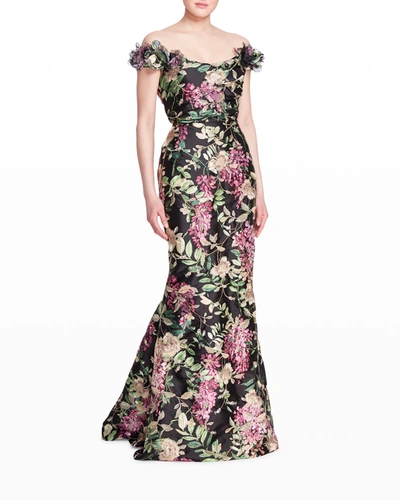 Shop Marchesa Off-the-shoulder Floral-embroidered Gown In Wisteria