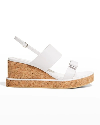 Shop Ferragamo Giudith Cork Wedge Bow Sandals In White White