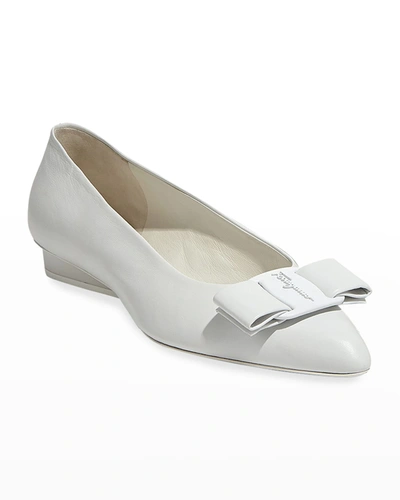 Shop Ferragamo Viva 20 Pointed Vara Bow Ballerina Flats In Bianco Ottico