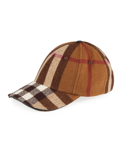 Shop Burberry Men's Check Wool Baseball Cap In Dark Birch Brown