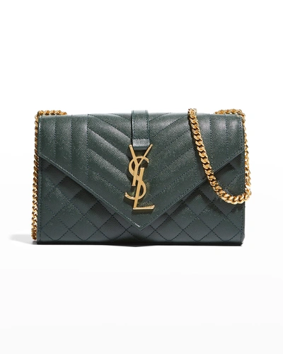 Shop Saint Laurent Envelope Triquilt Small Ysl Shoulder Bag In Grained Leather In Vert Fonce