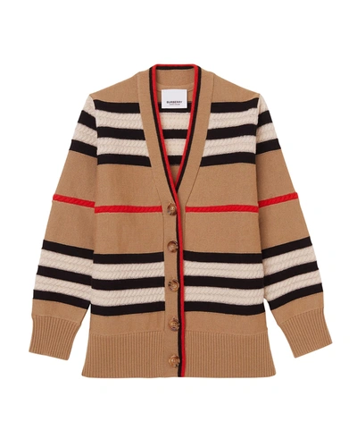 Shop Burberry Girl's Leeta Icon Stripe Ribbed Knit Cardigan In Archive Beige